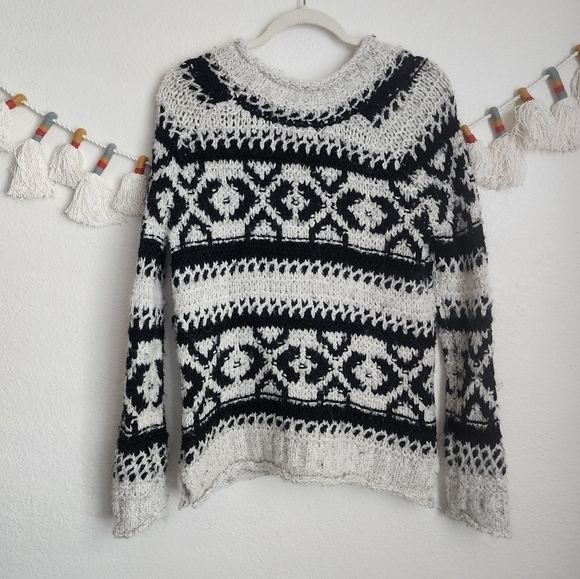 Free People Wool Blend Open Knit Aztec Boho Print Crewneck Pullover XS White - Picture 2 of 11